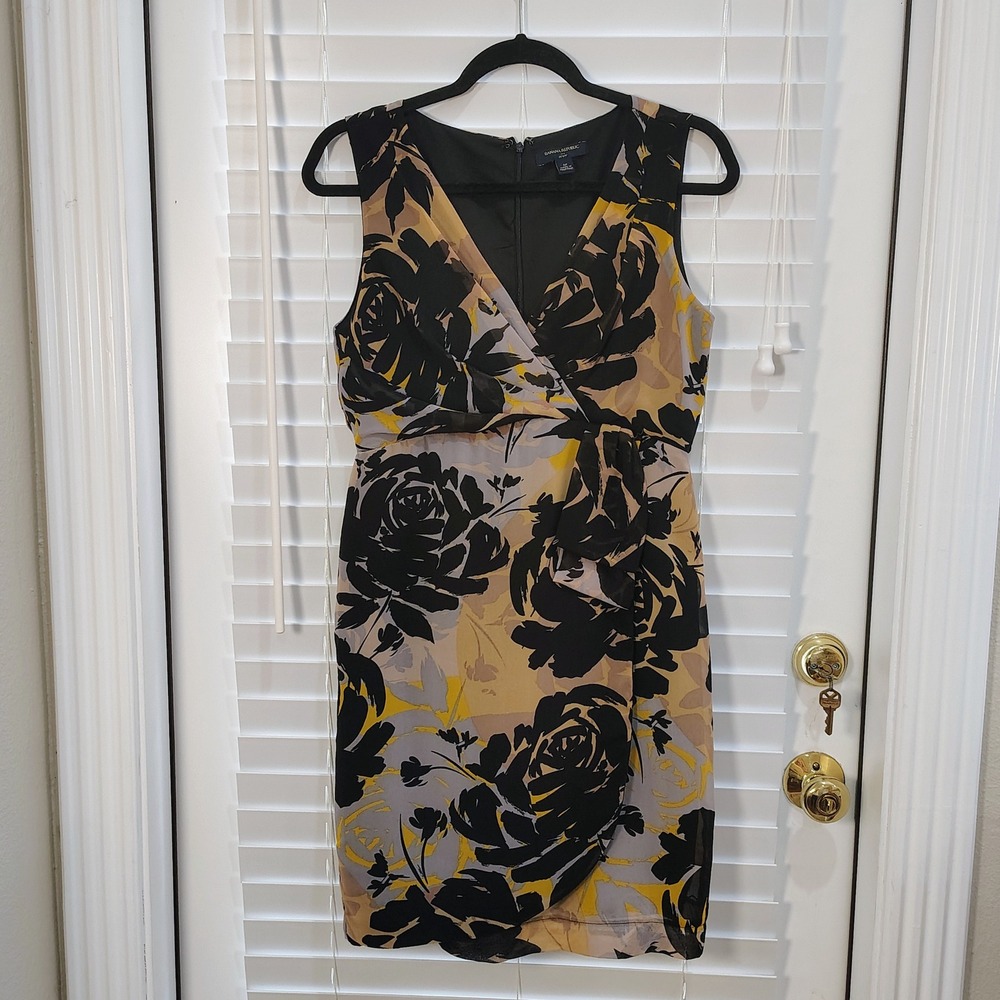 Dark Floral Mini Dress Women 6P Yellow Black Faux Wrap Sleeveless Cocktail Party